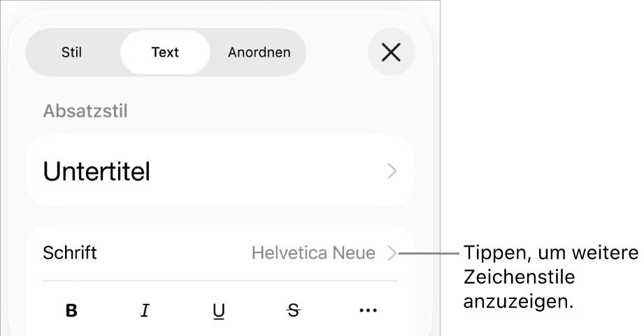Die Steuerelemente für das Format mit Absatzstilen oben, dann die Steuerelemente für die Schrift. Unter „Schrift“ befinden sich die Tasten „Fett“, „Kursiv“, „Unterstrichen“, „Durchgestrichen“ und „Weitere Textoptionen“.