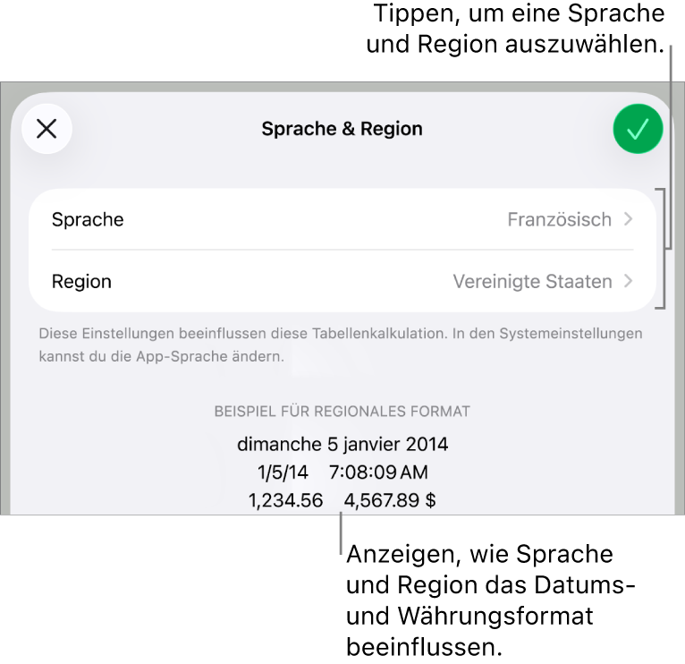 Das Fenster „Sprache & Region“ mit Einblendmenüs für Sprache und Region sowie einem Formatierungsbeispiel für Datum, Uhrzeit, Dezimalstellen und Währung.