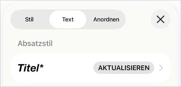 Ein Absatzstil, neben dem sich rechts ein Stern und eine Taste „Aktualisieren“ befindet
