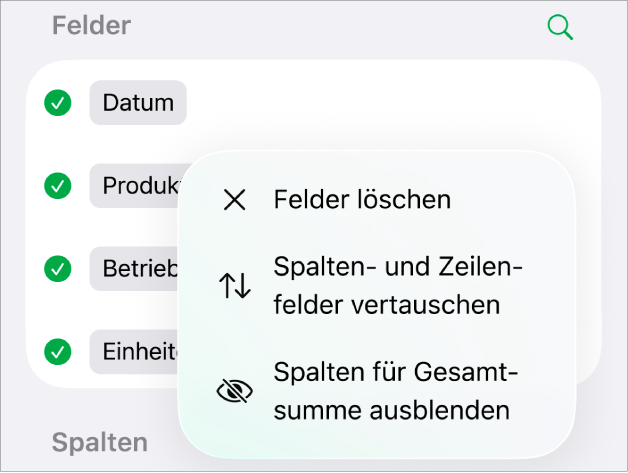 Das Menü „Feldoptionen“ mit Steuerelementen zum Ausblenden der Gesamtsummen, zum Vertauschen der Spalten- und Zeilenfelder und zum Löschen von Feldern.