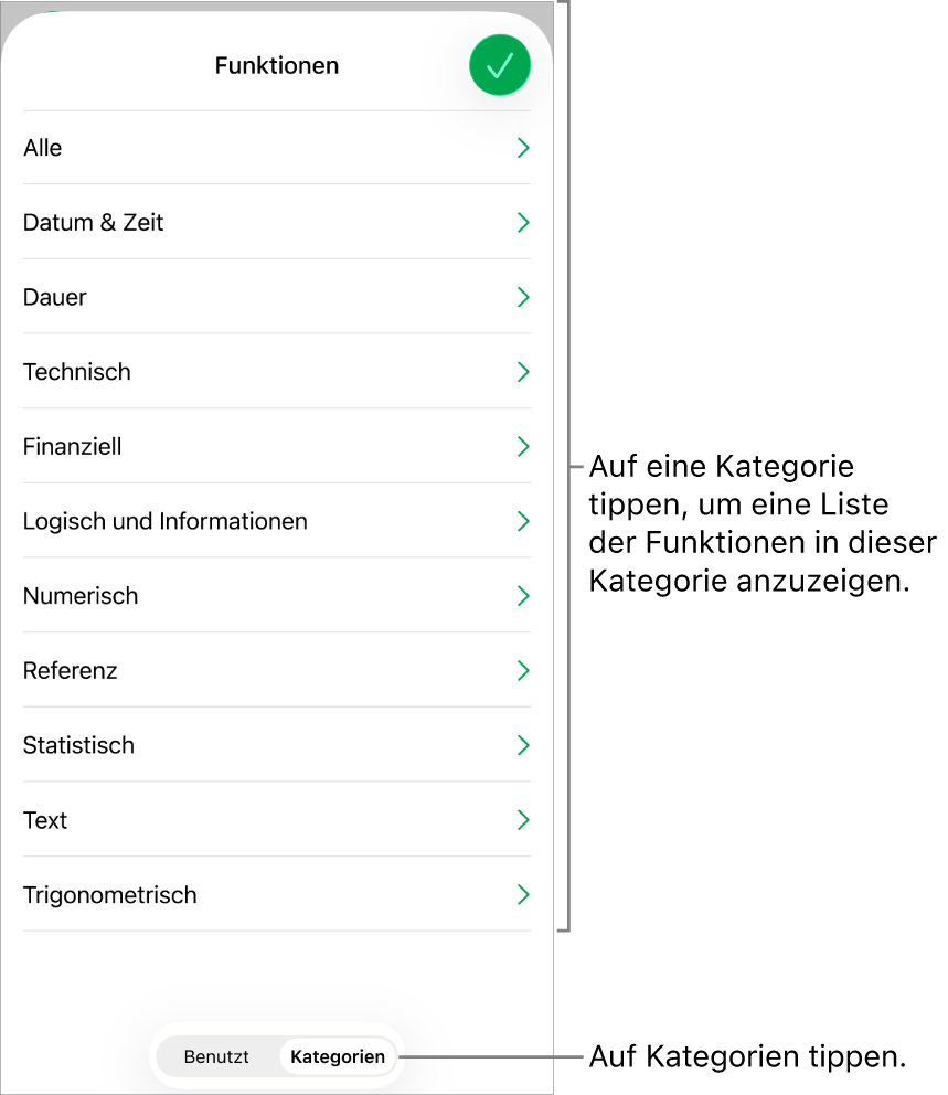 Die Funktionsübersicht mit ausgewählter Taste „Kategorien“, darunter befindet sich die Liste der Kategorien.