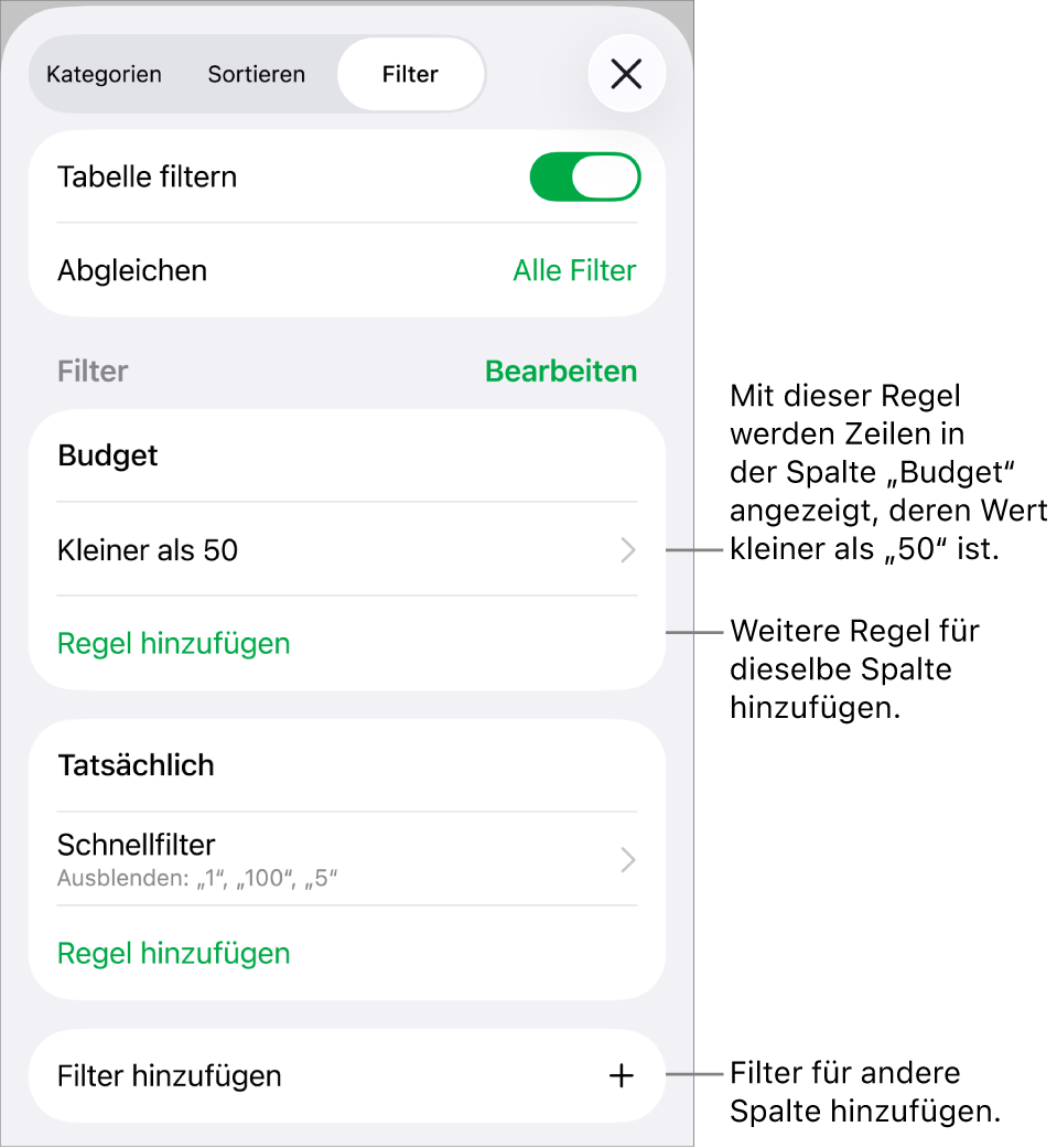 Steuerelemente zum Hinzufügen von neuen Filterregeln oder zum Bearbeiten von vorhandenen Regeln