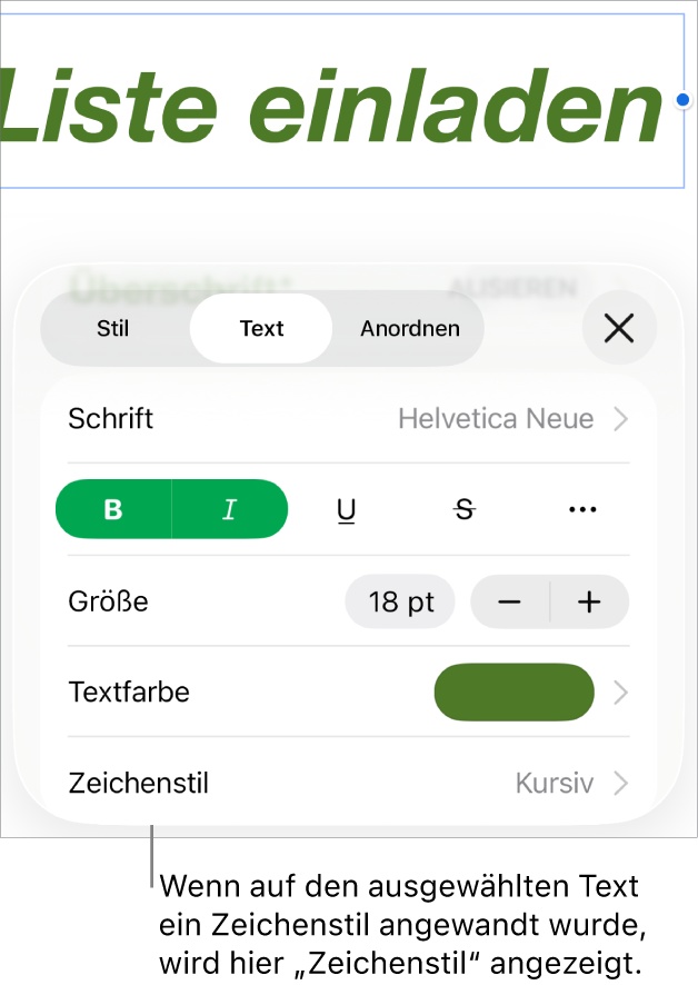 Die Steuerelemente für die Textformatierung mit „Zeichenstil“ unter den Farbsteuerungen Der Zeichenstil „Ohne“ mit einem Stern