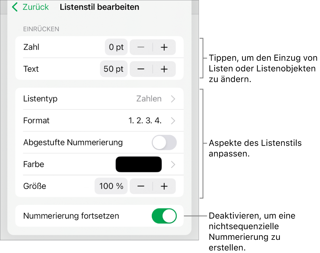 Das Menü „Listenstil bearbeiten“ mit Steuerelementen für Einzug, Listenart und -format, abgestufte Nummerierung, Listenfarbe und -größe sowie kontinuierliche Nummerierung.