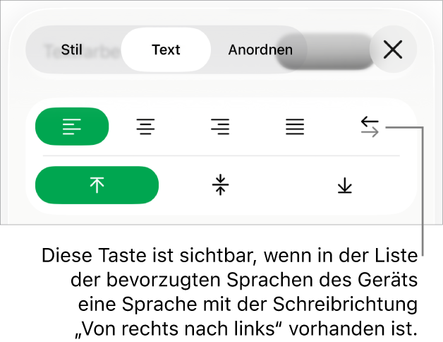 Der Abschnitt „Stil“ des Menüs „Format“ mit einer Beschreibung der Taste „Von rechts nach links“