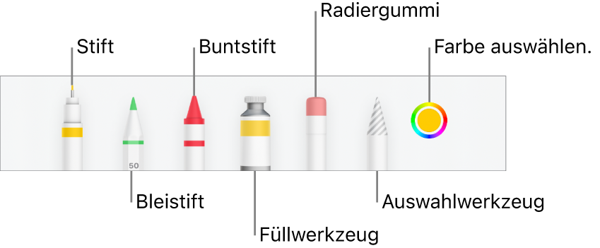 Die Zeichen-Symbolleiste in Numbers auf dem iPhone mit Werkzeugen wie Stift, Bleistift, Buntstift, Füllwerkzeug, Radiergummiwerkzeug, Auswahlwerkzeug und Farbfeld mit der aktuellen Farbe.
