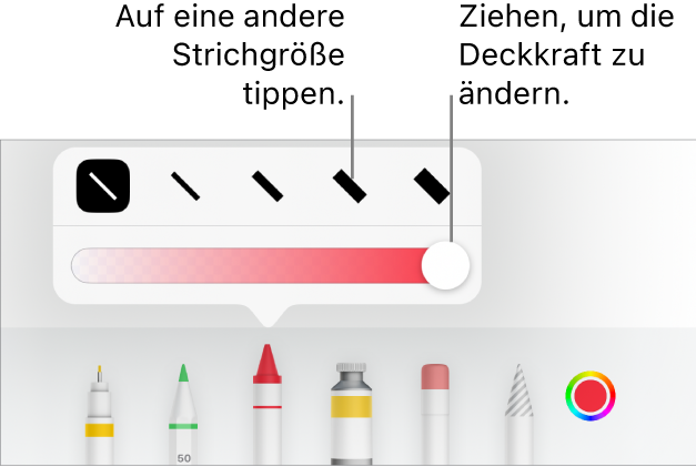 Steuerelemente zum Auswählen einer Strichstärke und ein Schieberegler zum Anpassen der Deckkraft