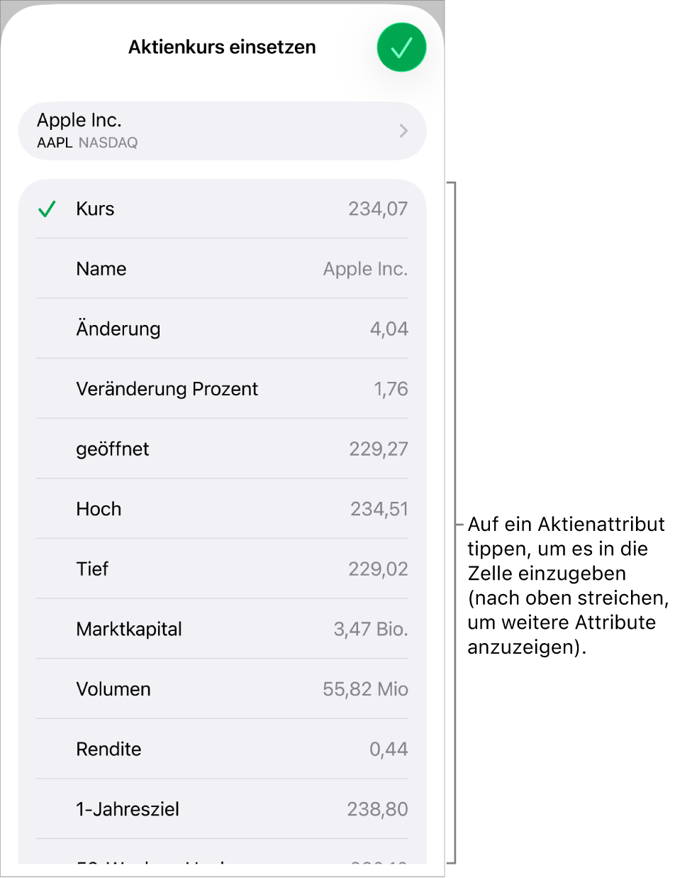 Das Popover „Aktienkurs“ mit dem Aktiennamen oben und den auswählbaren Aktienattributen, darunter aufgelistet sind u. a. der Kurs, der Name, die absolute und die prozentuale Änderung und der Eröffnungskurs.