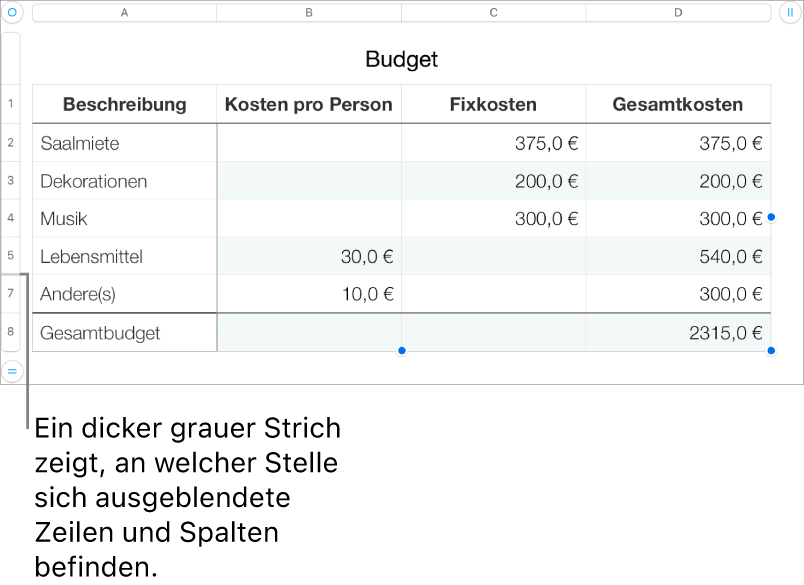 Ein dicker grauer Balken, der die Position von ausgeblendeten Zeilen und Spalten anzeigt