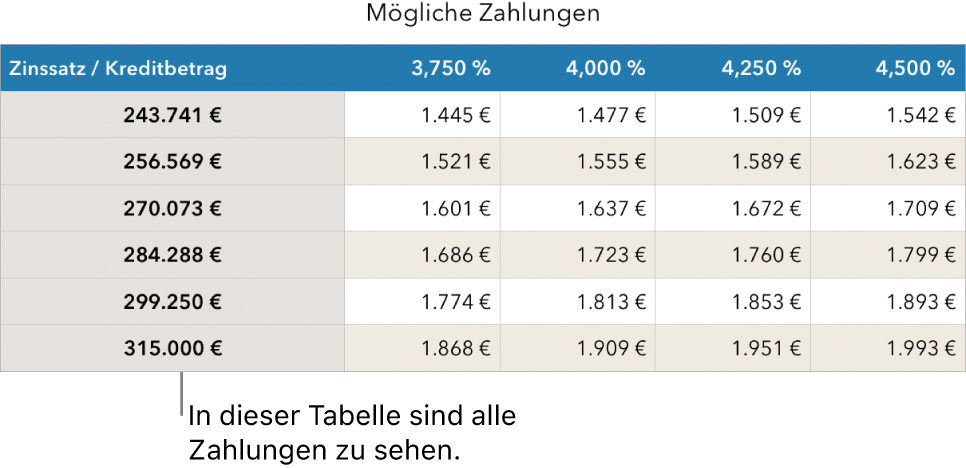 Eine Tabelle mit Ratenzahlungen vor dem Filtern für finanzierbare Tilgungsraten.
