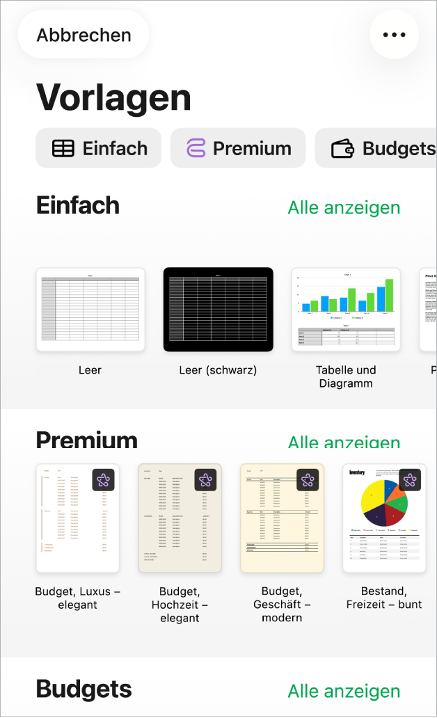 Die Vorlagenauswahl zeigt oben eine Zeile mit Kategorien, auf die du tippen kannst, um die Optionen zu filtern. Darunter sind Miniaturen der vordefinierten Vorlagen in Zeilen nach Kategorie sortiert.