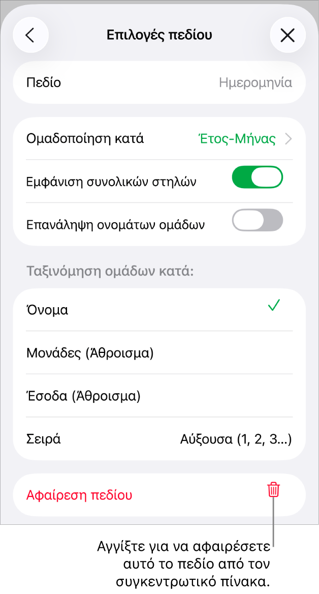 Το μενού «Επιλογές πεδίων» όπου εμφανίζονται τα στοιχεία ελέγχου για ομαδοποίηση και ταξινόμηση δεδομένων, καθώς και η επιλογή αφαίρεσης πεδίου.