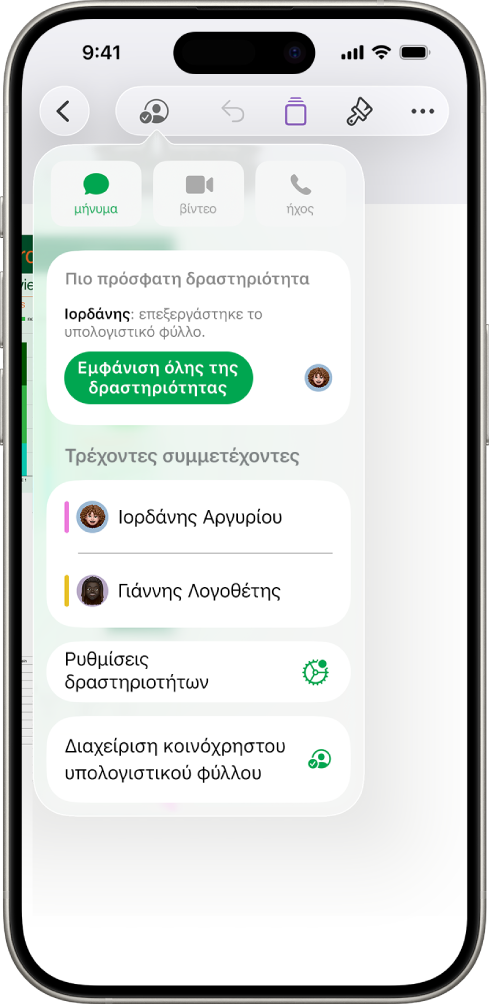 Το μενού συνεργασίας, στο οποίο εμφανίζονται τα ονόματα των ατόμων που συνεργάζονται στο υπολογιστικό φύλλο.