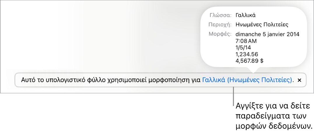 Η γνωστοποίηση διαφορετικής ρύθμισης γλώσσας και περιοχής, δείχνοντας παραδείγματα της μορφοποίησης στη συγκεκριμένη γλώσσα και περιοχή.