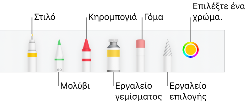 Η γραμμή εργαλείων σχεδίασης στο Numbers σε iPhone με στιλό, μολύβι, κηρομπογιά, εργαλείο γεμίσματος, γόμα, εργαλείο επιλογής και μια παλέτα χρωμάτων όπου εμφανίζεται το τρέχον χρώμα.