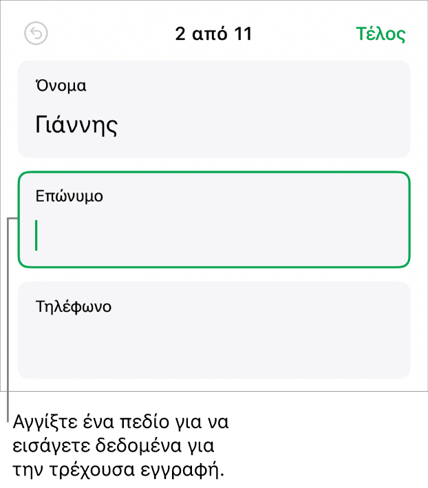 Εγγραφή σε μια φόρμα όπου φαίνεται ένα ενεργό πεδίο με ένα σημείο εισαγωγής.