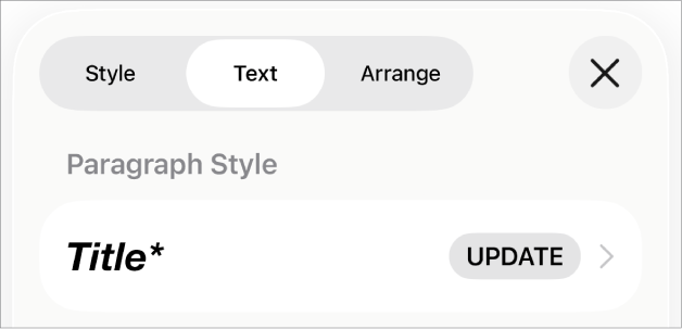 A paragraph style with an asterisk next to it and an Update button on the right.