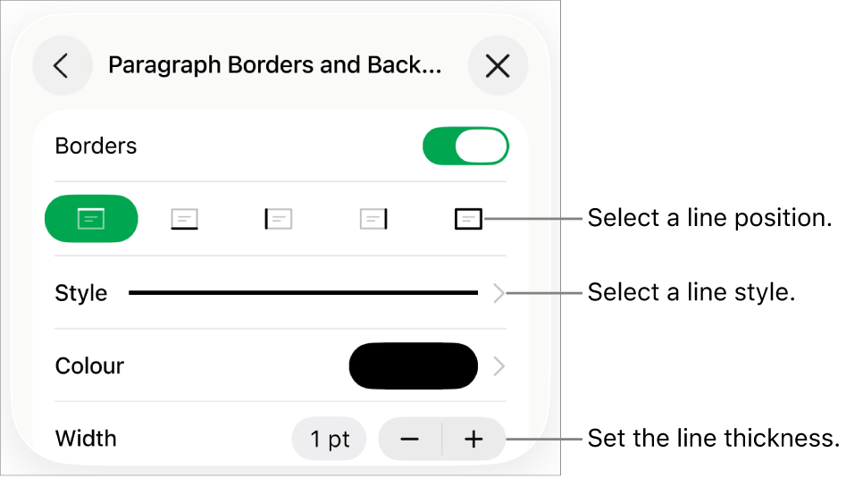 Controls to change the line style, thickness, position and colour.