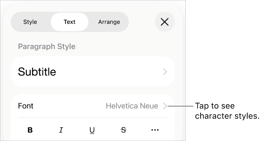 The Format controls with paragraph styles at the top, then Font controls. Below Font are the Bold, Italic, Underline, Strikethrough and More Text Options buttons.
