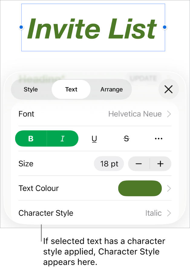The Text formatting controls with Character Style below the Colour controls. The character style None appears with an asterisk.