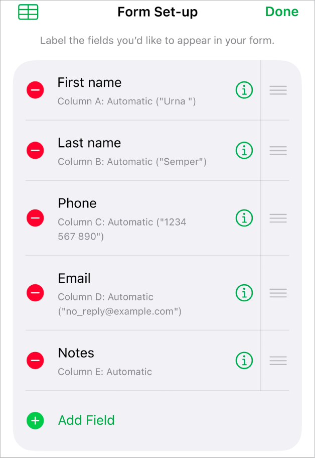 Form set-up controls, showing options to add, edit, reorder and delete fields, as well as to change the format of fields (such as from Text to Percentage).