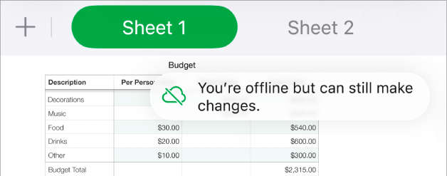 The buttons at the top of the screen, with the Collaboration button changed to a cloud with a diagonal line through it. An alert on the screen says “You’re offline but can still edit”.