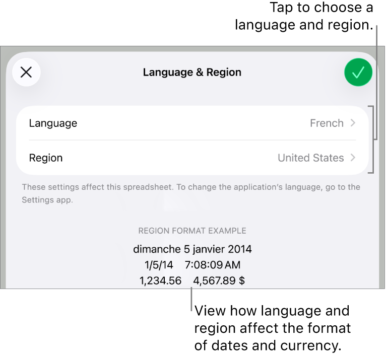 Language and Region pane with controls for language and region, and a format example including date, time, decimal and currency.