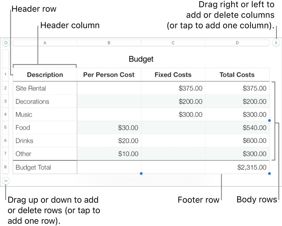 A table showing header, body and footer rows and columns, and handles for adding or deleting rows or columns.
