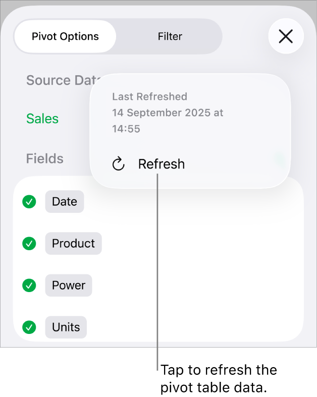The Pivot Options menu showing the option to refresh the pivot table.