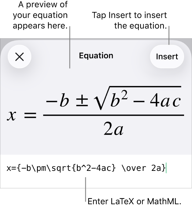 The Equation dialogue, showing an equation written using MathML commands, and a preview of the formula above.
