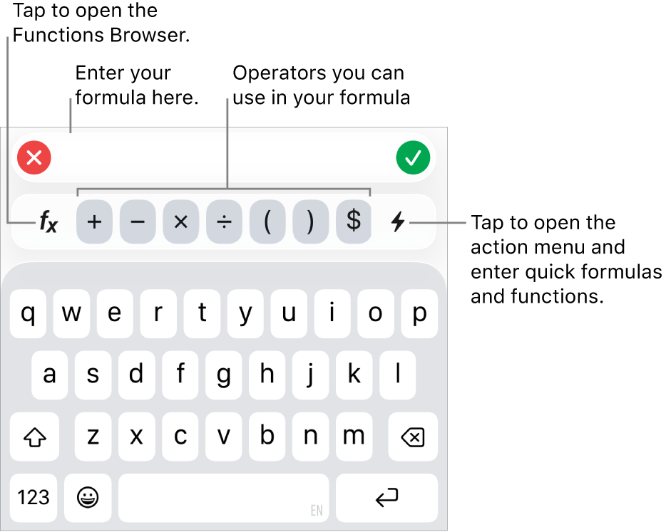 The formula keyboard, with the Formula Editor at the top and the operators used in formulas below it. The Functions button for opening the Functions Browser is to the left of the operators, and the Action menu button is to the right.