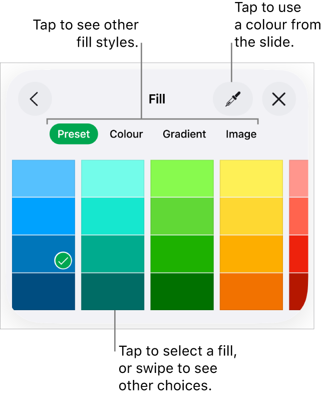 Fill options in the Style tab of the Format button.