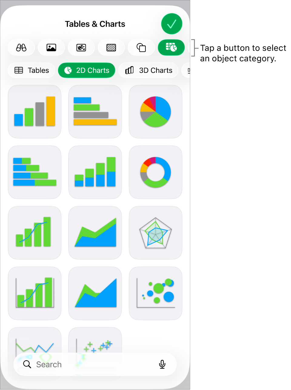 The controls for adding an object, with buttons at the top to choose tables, charts, shapes (including lines and text boxes), and media.