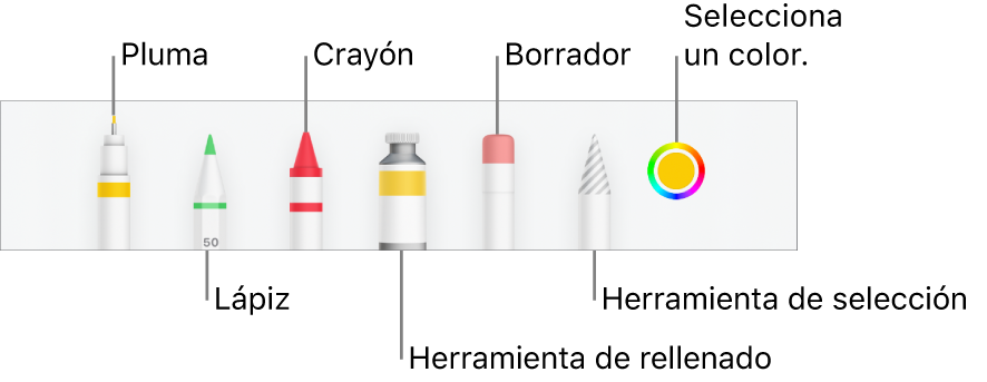 La barra de herramientas de dibujo en Numbers en el iPhone con un bolígrafo, un lápiz, un crayón, la herramienta de relleno, el borrador, la herramienta de selección y la paleta de colores mostrando el color actual.