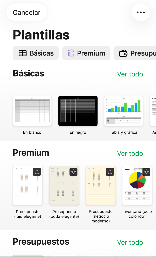 El selector de plantilla, mostrando una fila de categorías a lo largo de la parte superior en la que puedes tocar para filtrar las opciones. Debajo se encuentran las miniaturas de las plantillas prediseñadas ordenadas en filas por categoría.