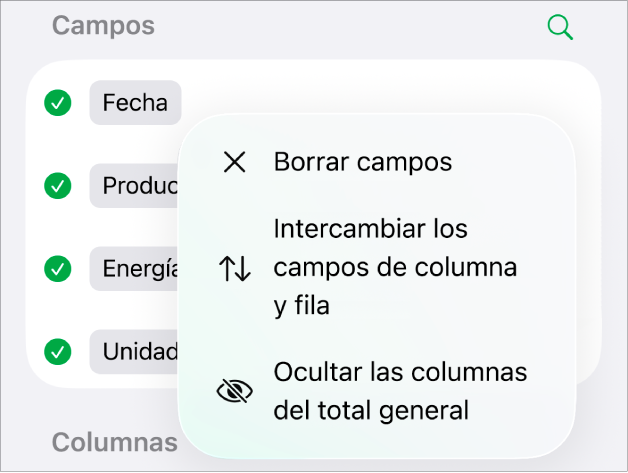 El menú Más opciones de campo, que muestra los controles para ocultar totales generales, intercambiar campos de columna y fila y borrar campos.
