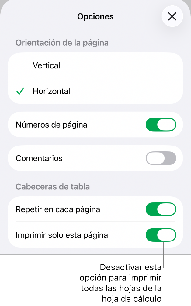 Opciones de impresión para seleccionar la orientación de la página, mostrar el número de páginas y las cabeceras, así como para seleccionar el tamaño del papel y qué páginas imprimir.