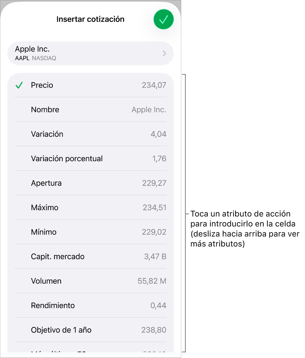 El menú desplegable de cotización de acciones, con el nombre de la acción en la parte de arriba y una lista de atributos de cotización seleccionables (precio, nombre, variación, variación porcentual y apertura) debajo.