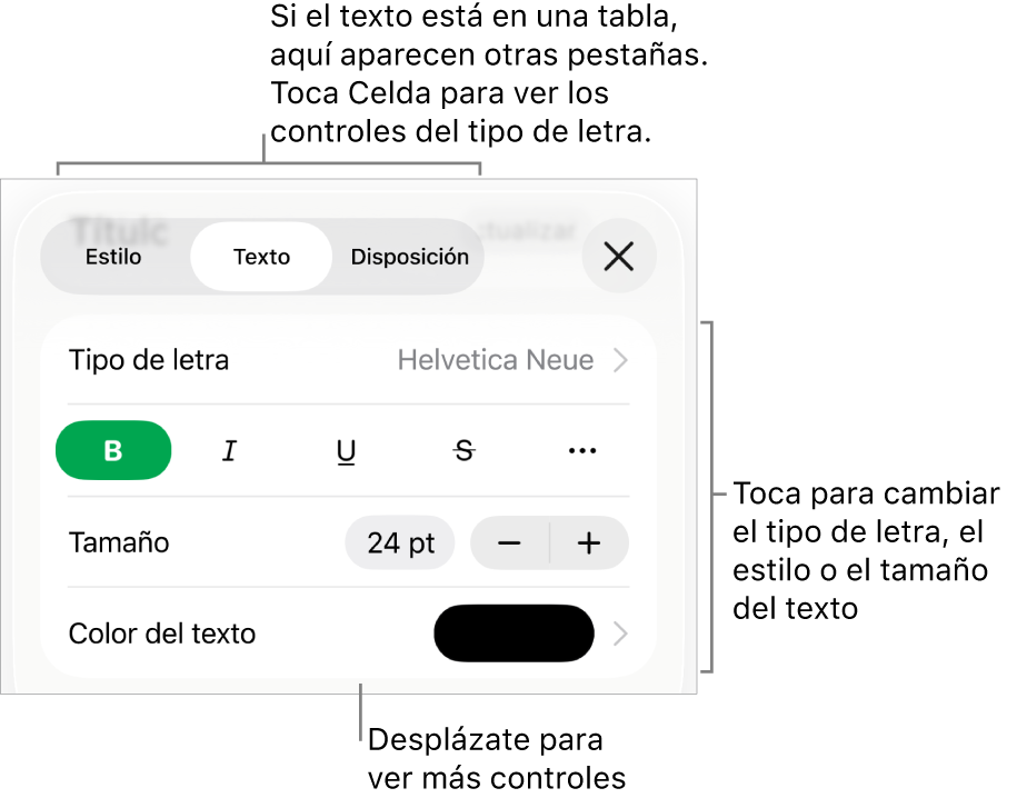 Controles de texto en el menú Formato para configurar los estilos de párrafo y carácter, tipo de letra, tamaño y color.