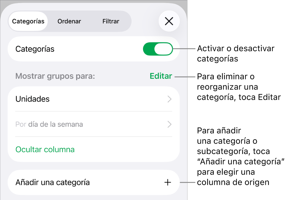 El menú Categorías para iPhone con opciones para desactivar categorías, eliminar categorías, reagrupar datos, ocultar una columna de origen y añadir categorías.