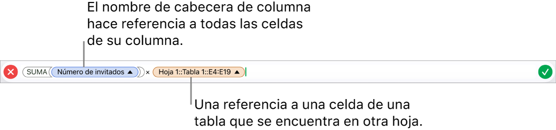 El editor de fórmulas con una fórmula que hace referencia a una columna de una tabla y una celda de otra tabla.