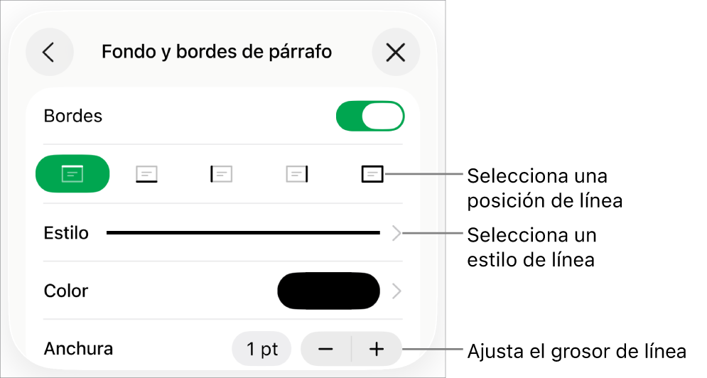 Controles para cambiar el estilo de línea, grosor, posición y color.