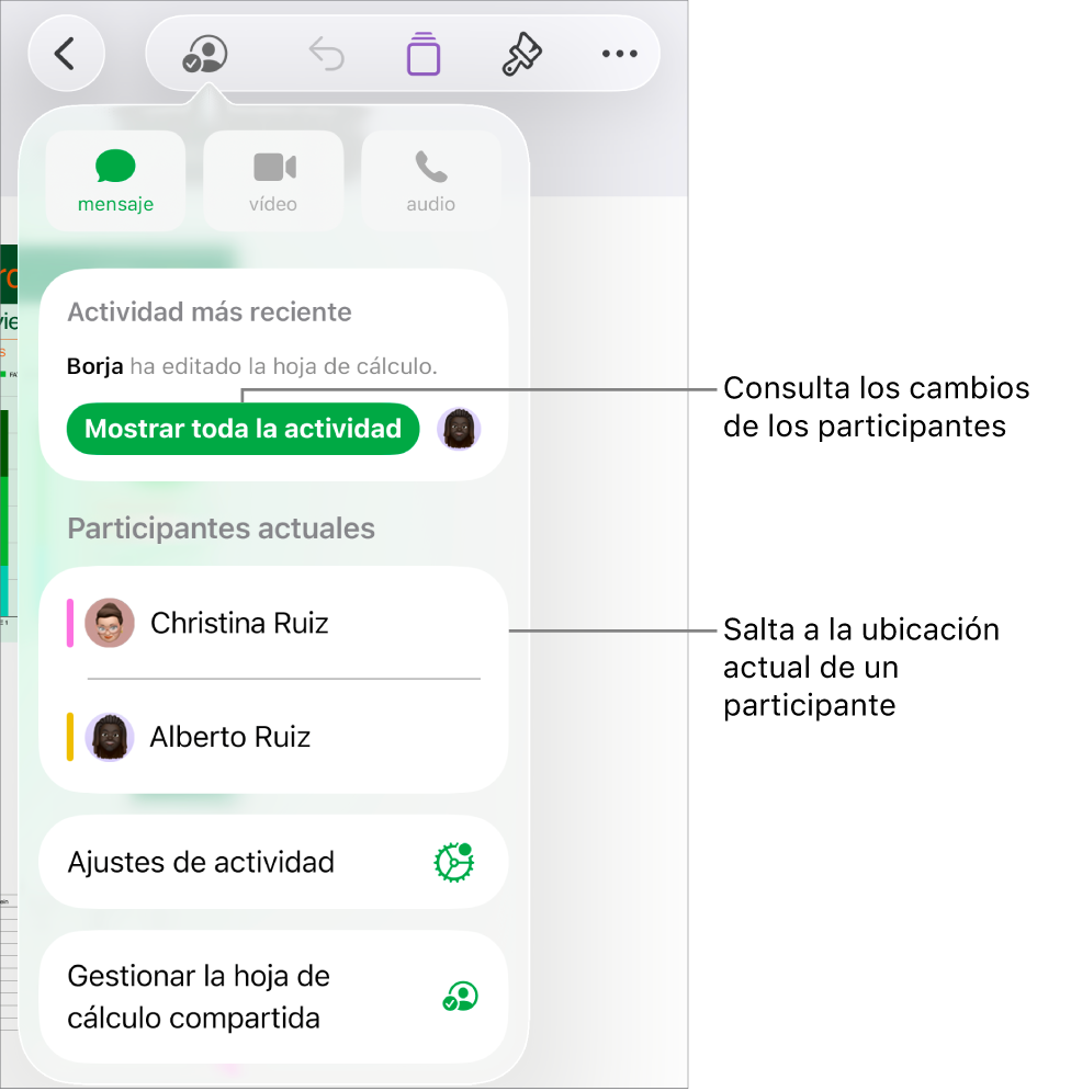 El menú de colaboración con los participantes actuales.