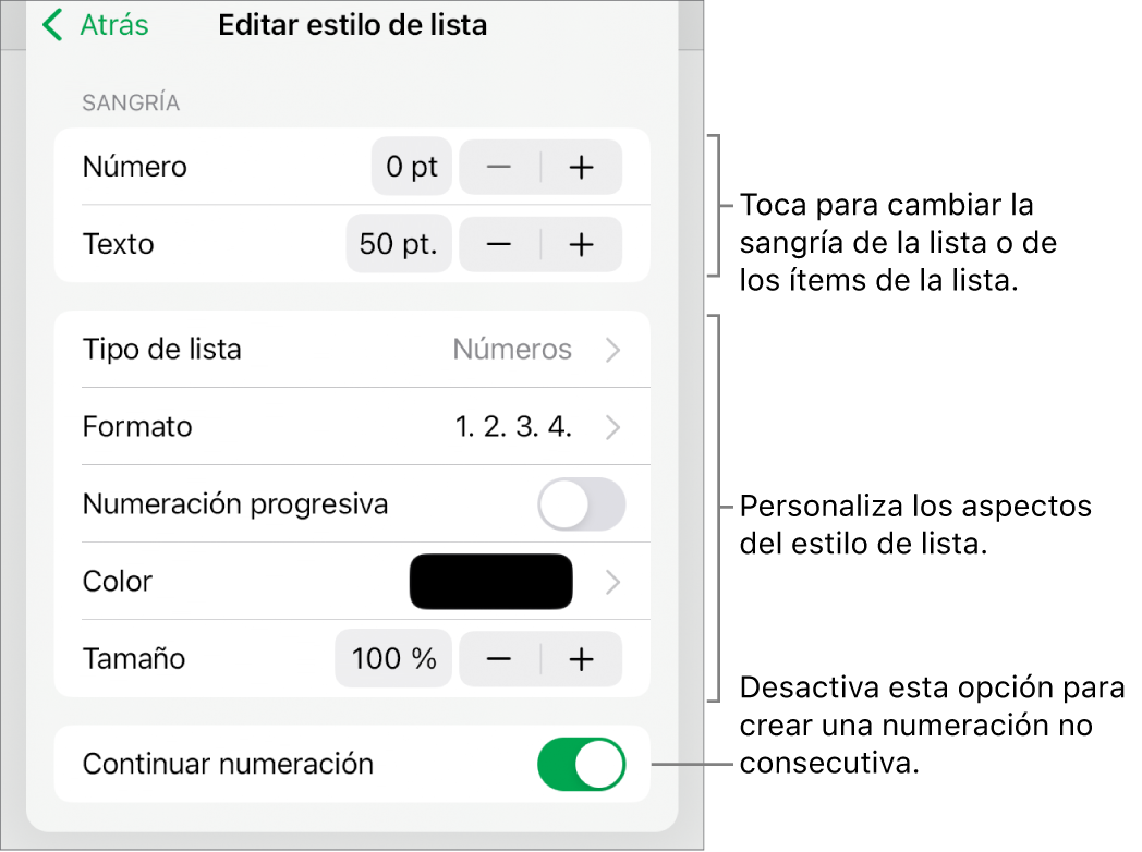 Menú “Estilo de lista” con controles para el interlineado de la sangría, el tipo de lista y el formato, la numeración progresiva, el color de la lista y el tamaño, y la numeración continua.
