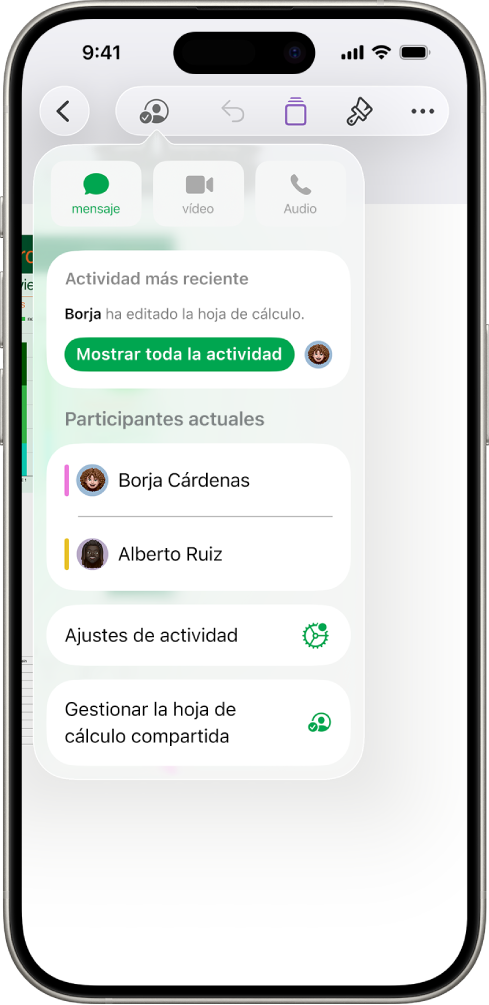 El menú de colaboración con los nombres de las personas que colaboran en la hoja de cálculo.