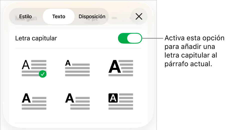 Los controles de “Letra capitular” situados en el menú Texto.
