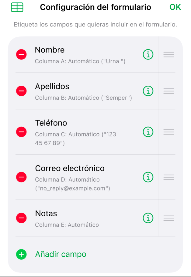 Controles configuración de formulario, con opciones para añadir, editar, reordenar y eliminar campos, así como para cambiar el formato de los campos (como de Texto a Porcentaje).