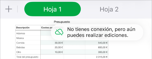 Los botones de la parte superior de la pantalla, con el botón Colaboración cambiado a una nube con una línea diagonal que la atraviesa. Un aviso en la pantalla dice “No tienes conexión, pero aún puedes realizar ediciones”.