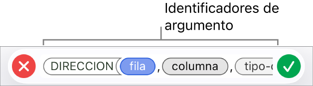 El editor de fórmulas con una función e identificadores de argumentos.