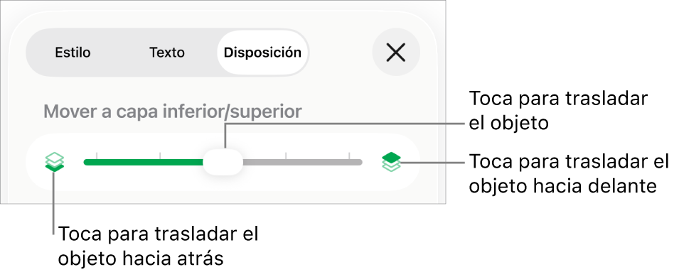 Botón “Mover hacia atrás”, botón “Mover hacia delante” y regulador de capa.